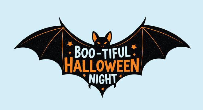 Halloween bat with spread wings featuring stars and the festive greeting boo-tiful halloween night in orange and white letters.
