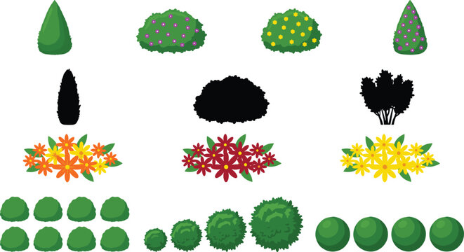 Garden landscaping elements set with topiary trees green bushes flower beds and black plant silhouettes vector illustration