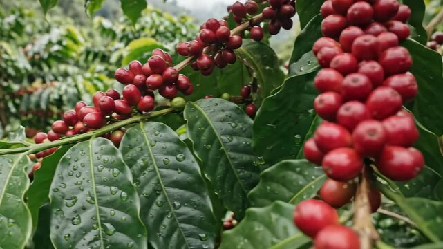 Ripe red coffee cherries with water drops on plantation tree branch
