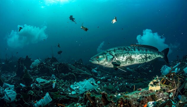 Underwater scene with fish swimming among ocean pollution and debris