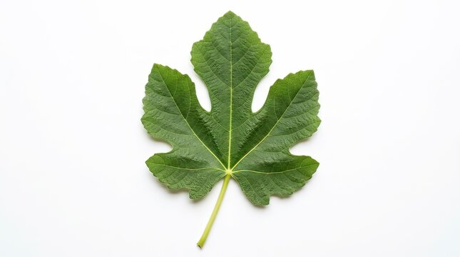 A crisp studio shot of a vibrant green fig leaf with its stem, isolated flat lay on a pure white background. intricate lobed shape and vein texture of the leaf