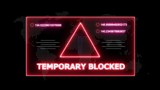 glowing Neon line temporary blocked and security breach warning alert message Virus code software hack Hacking attack in Progress, Virus, on a black background 4k animation video