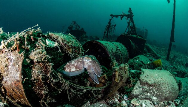 Underwater scene of ocean pollution with rusted barrels and marine life