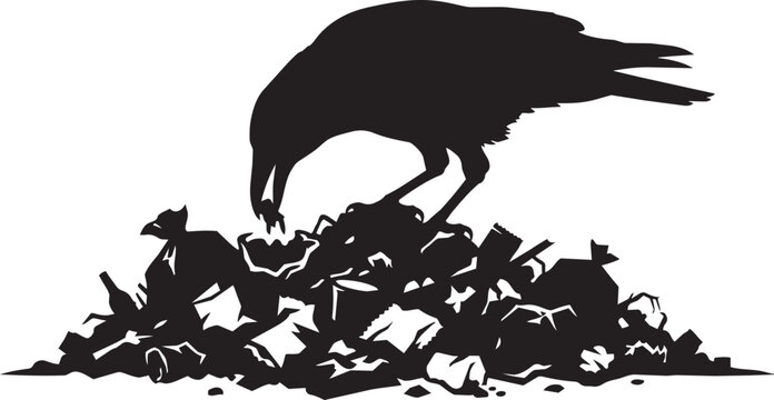 crow scavenging garbage pile silhouette vector illustration