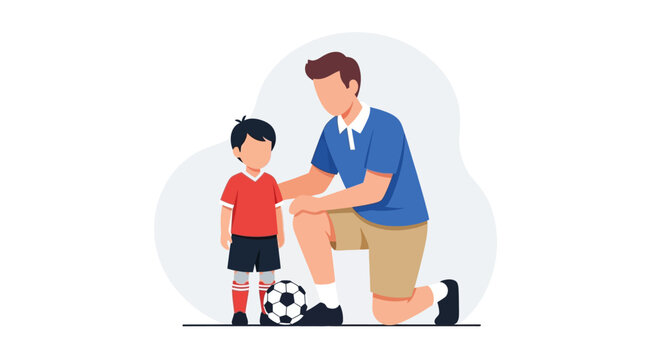 Father and son playing soccer, father coaching child on sports field
