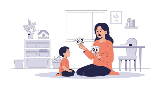 Mother teaching child with flashcards at home, early education, learning, development