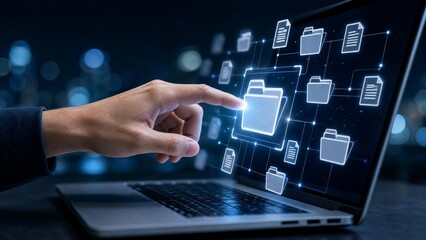 Obraz premium Data Management and Cloud Storage Concept with Digital Folder Icons on Laptop Screen