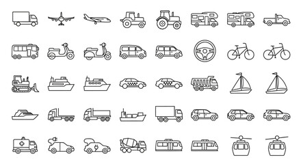 Transportation icons, vehicle symbols, travel signs, 40 outline illustrations © Steven