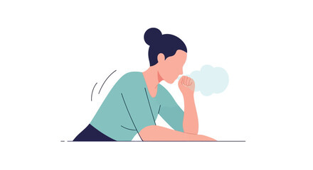 Fototapeta premium Woman coughing into her hand, feeling unwell, sick, cold, flu, virus, illness, healthcare, concept