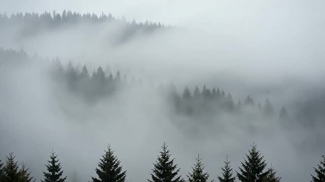 A dense evergreen forest is partially obscured by thick morning mist and heavy fog