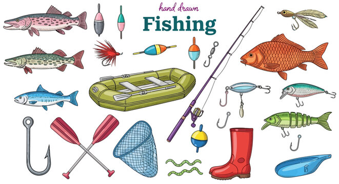 Fishing, hand drawn icons, colorful vector set, fishing equipment, aquatic