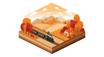 Fototapeta premium Isometric train, autumn landscape, vector illustration, transportation scene