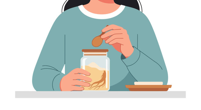 Woman Preparing Herbal Remedy with Ginseng Root in Jar