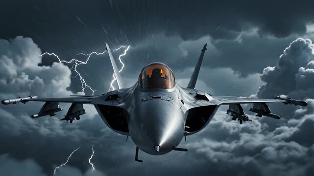 Fighter jet flying in cloudy sky ideal for modern app promotions and digital marketing