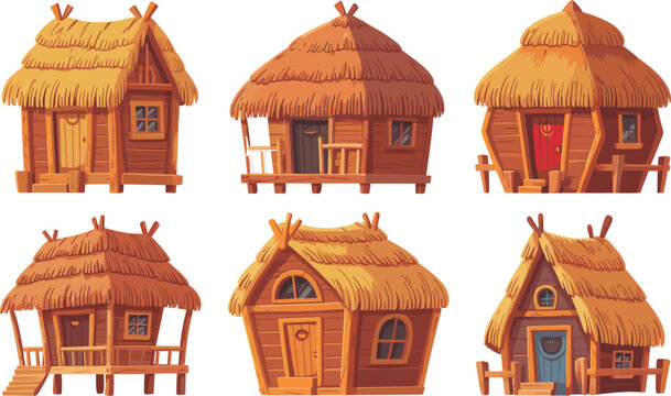 Traditional wooden hut houses collection vector illustration featuring rustic village cottages with straw roofs isolated architectural elements