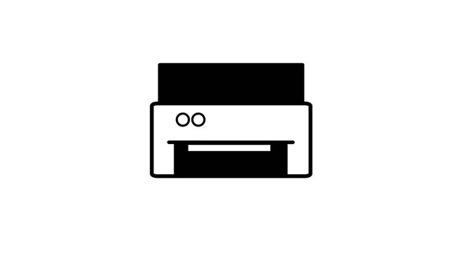 2D animation of black and white printer icon printing document on paper