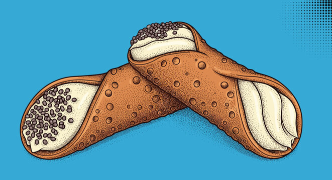 Two delicious Italian cannoli pastries filled with sweet cream and chocolate chips against a blue halftone background.