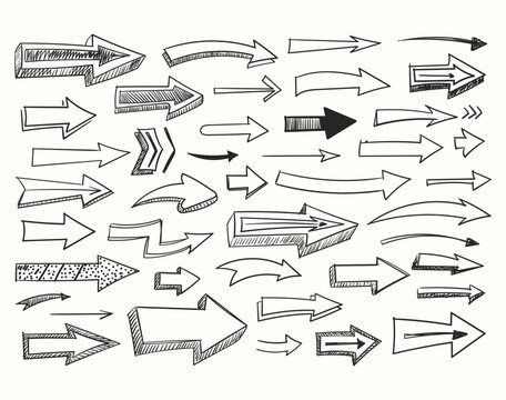 Hand drawn black, red arrow collection for notes, rustic graphic design, collage templates. Crayon or chalk drawn bold and thin doodle arrows. Sketchy directional pointers, inky illustration. doodle