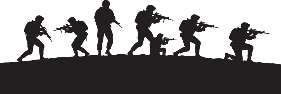 Black silhouettes of soldiers with guns on a hill