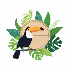Obraz premium Toucan Bird Sitting on Branch Surrounded by Tropical Leaves