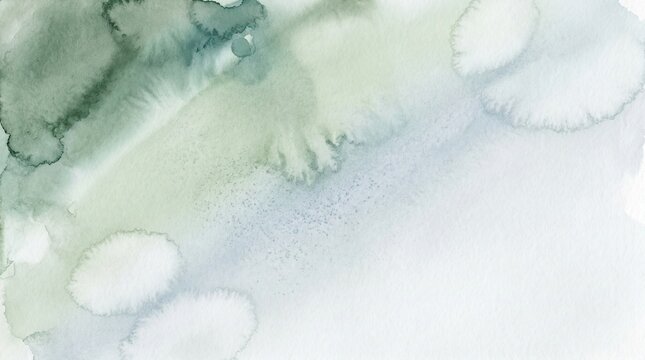 Abstract watercolor wash with green and blue stains on white paper