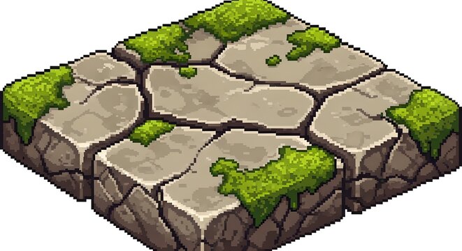 Isometric Pixel Art Cracked Stone Tile with Moss Texture