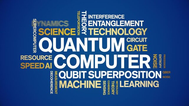 Quantum Computer animated word cloud-text design animation tag kinetic typography seamless loop.