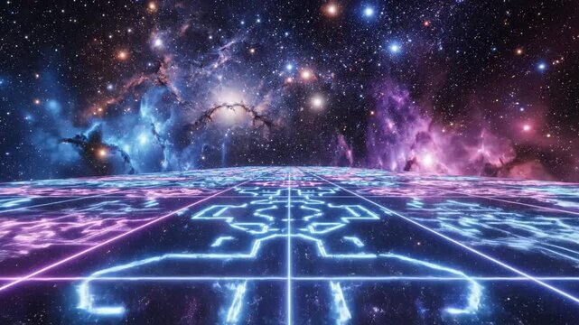 Futuristic neon grid in space symbolizing the digital age and smart tech evolution