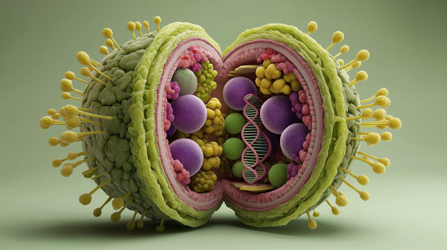 3D Illustration of Hepatitis B Virus Structure on Green Background &ndash; Medical Science and Virology Concept