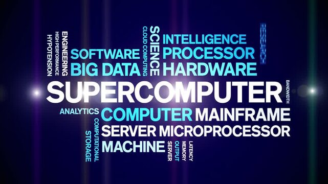 Supercomputer animated word cloud-text design animation tag kinetic typography seamless loop.