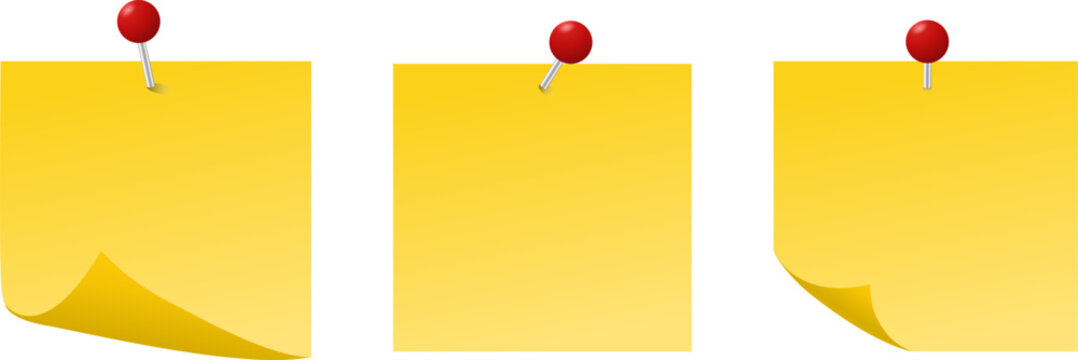 Yellow sticky notes with red push pins icons, Realistic post it paper reminders for office organization, Set of square memo pads with curled corners for notes