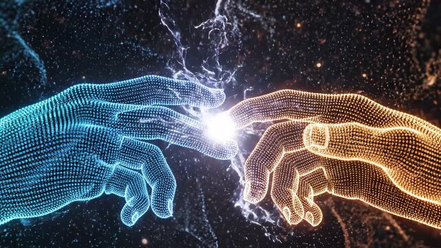 Two glowing hands reaching in space ideal for modern app promotions and digital marketing