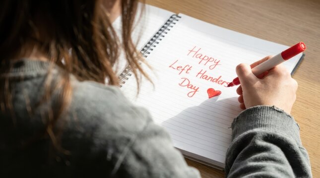 Child writing happy left handers day message on notebook with red marker pen in natural light.