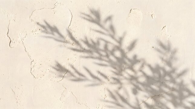 Minimalist plant branch shadow on beige stone wall