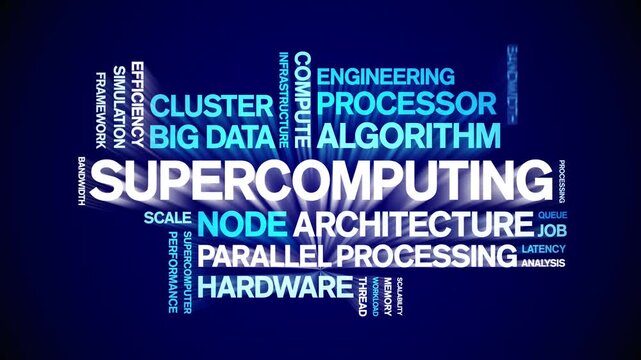 Supercomputing animated word cloud-text design animation tag kinetic typography seamless loop.