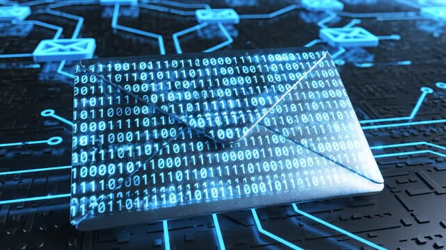 Digital network with binary code and email icons symbolizing the digital age and smart tech evolution