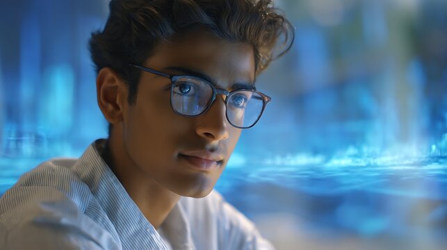 ide view of a young Indian male professional looking at a bright neon holographic screen in a dark tech environment.