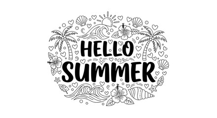 Obraz premium Hello summer hand drawn doodle illustration with tropical elements