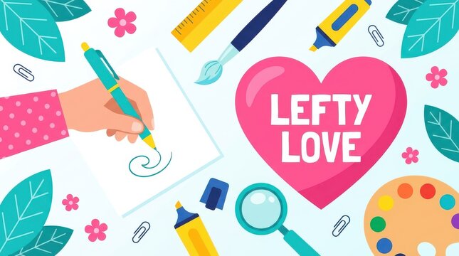 Lefty love text inside pink heart shape surrounded by art supplies and hand holding pen illustration.