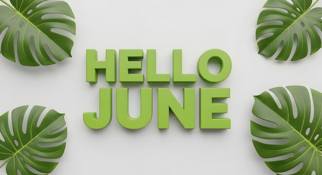 Hello june 3d text with monstera leaves isolated on white background