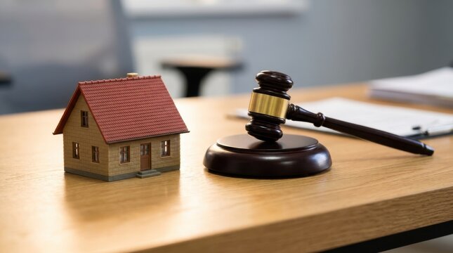 Model house with wooden gavel on desk representing real estate law and property ownership litigation.