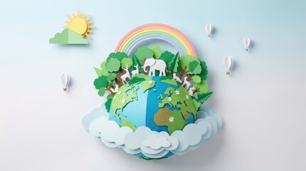 Fototapeta premium Papercraft world with globe forest animals rainbow sun and clouds representing environmental protection.