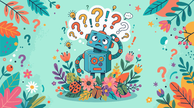 A confused vintage robot character surrounded by floating question marks.