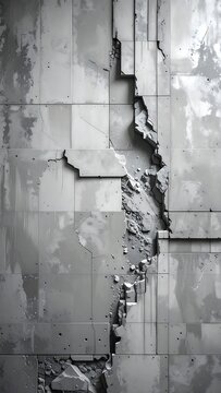 Close-up of a damaged wall, showing a large vertical crack