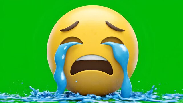 Sad Crying Emoji Face Animation with Tears and Water Splashes.
