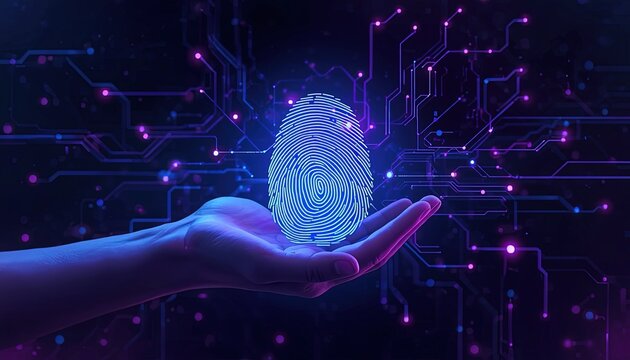 Futuristic digital security concept with biometric fingerprint identification held by a human hand, symbolizing advanced data protection and privacy technology