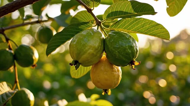 Close up of fresh guava fruits ripening on tree in golden hour