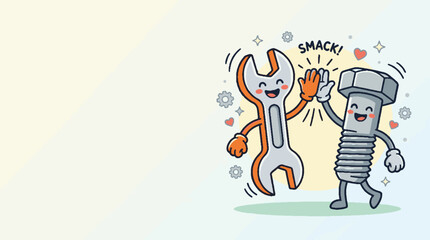 Fototapeta premium Cartoon wrench and bolt character mascots giving a high five.