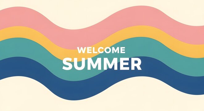 Welcome summer text with colorful wavy lines background