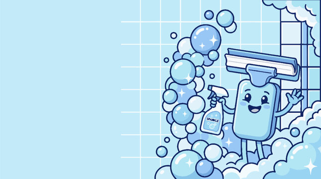 Cartoon window squeegee character holding a cleaning spray bottle.